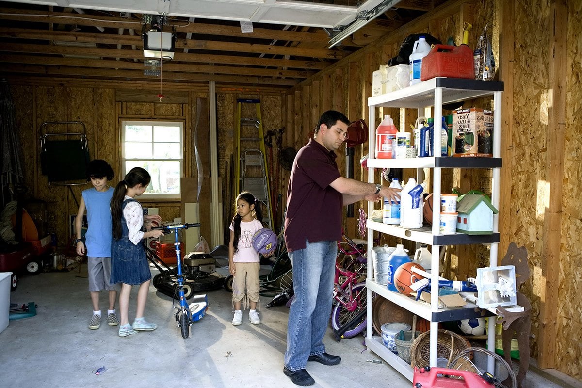 family cleaning garage